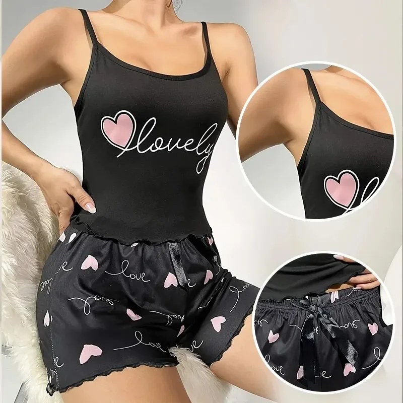 Summer Two-Piece Women\'s Camisole Printed Heart and Letter Matching Shorts Printed Love Bow Women\'s Pajama Set