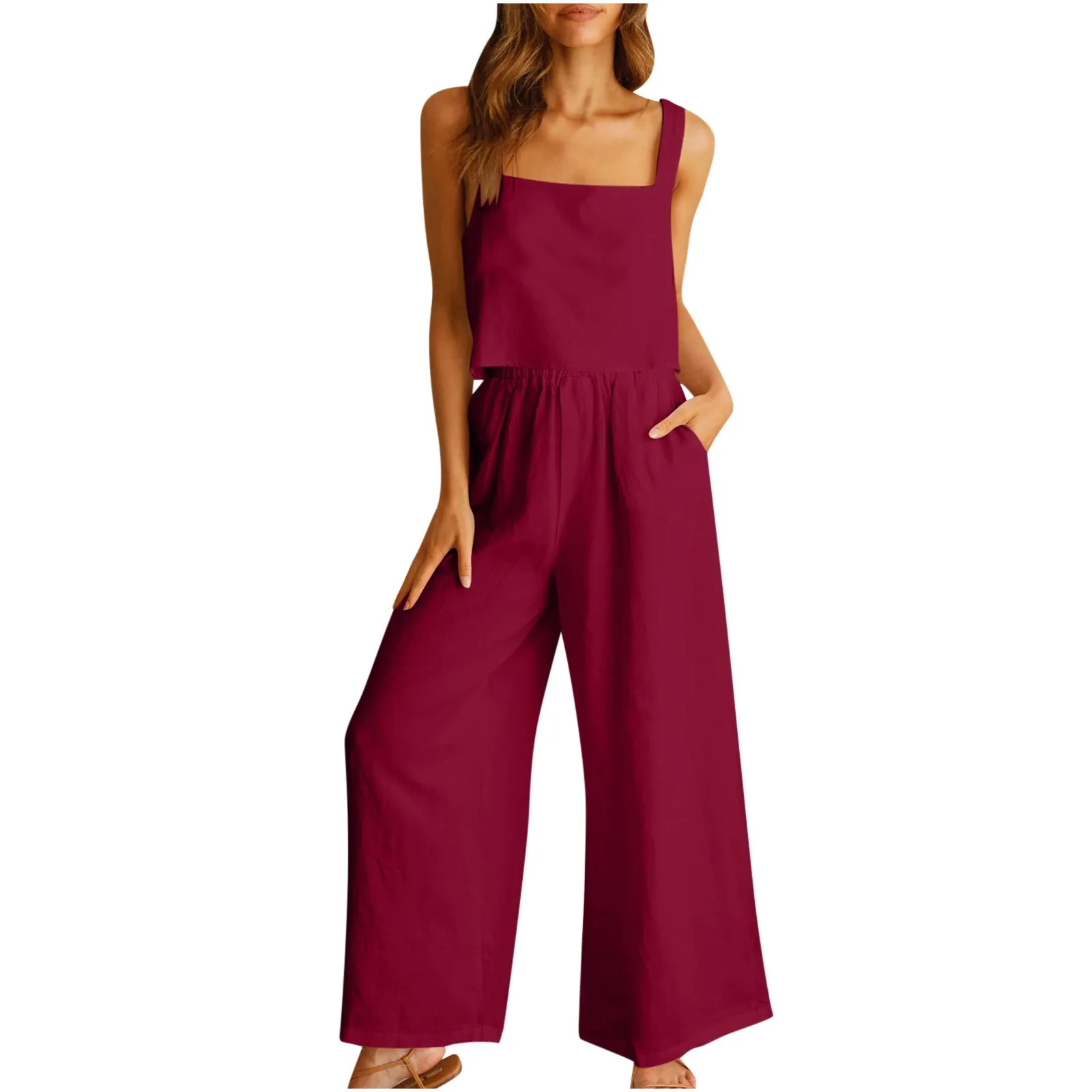 

Women'S Summer Two-Piece Set Dress Round Neck Sleeveless Vest+Wide Leg Pants Solid Color Suspender Top And Pants Set With Pocket