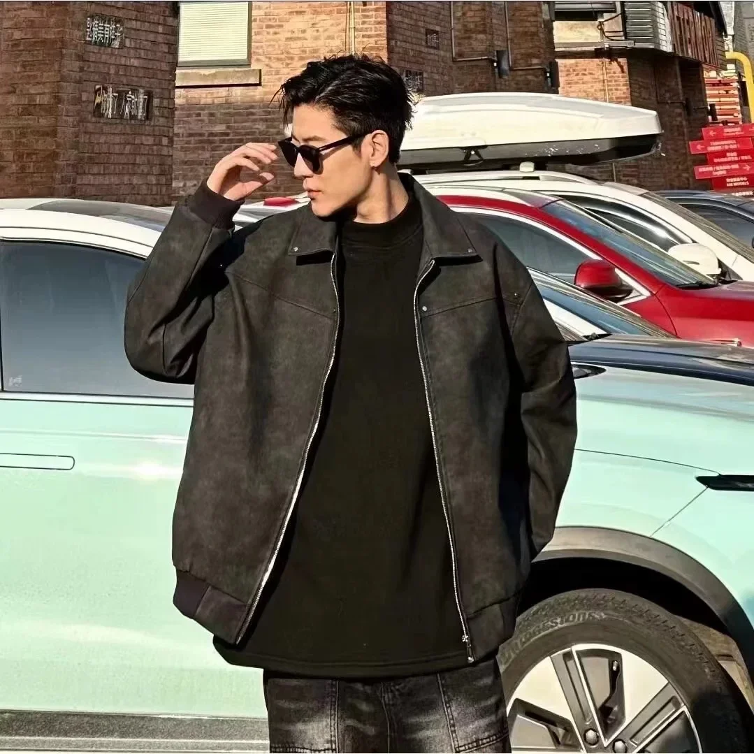 American Vintage Leather Jacketd for Men Korean Fashion Lapel Baseball Jacket Maillard Style Streetwear Coat Y2k Men Clothing