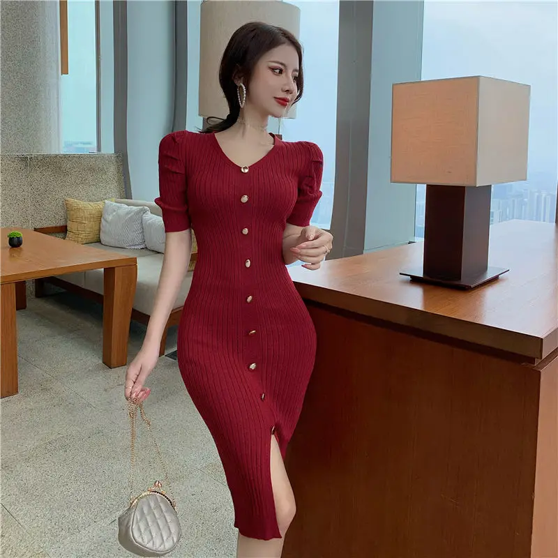 Split Cover Up Female Dress Bodycon Womens Dresses Sexy Daring 2024 Clothing Knitted Crochet Midi Knee Length V Neck Outfits Y2k