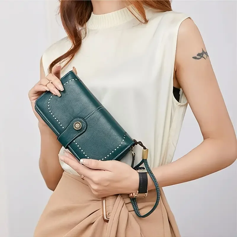 Retro Style RFID Wallet, Women's Classic Faux Leather Long Wallet With Wristlet