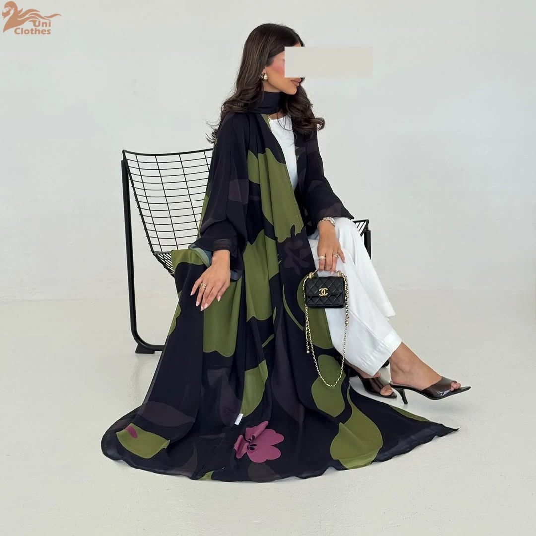 

2026 Ramadan Eid Abaya Floral Printed Muslim Front Open Abaya with Hijab Fashion Women's Clothing Muslim Dress Islamic Clothing
