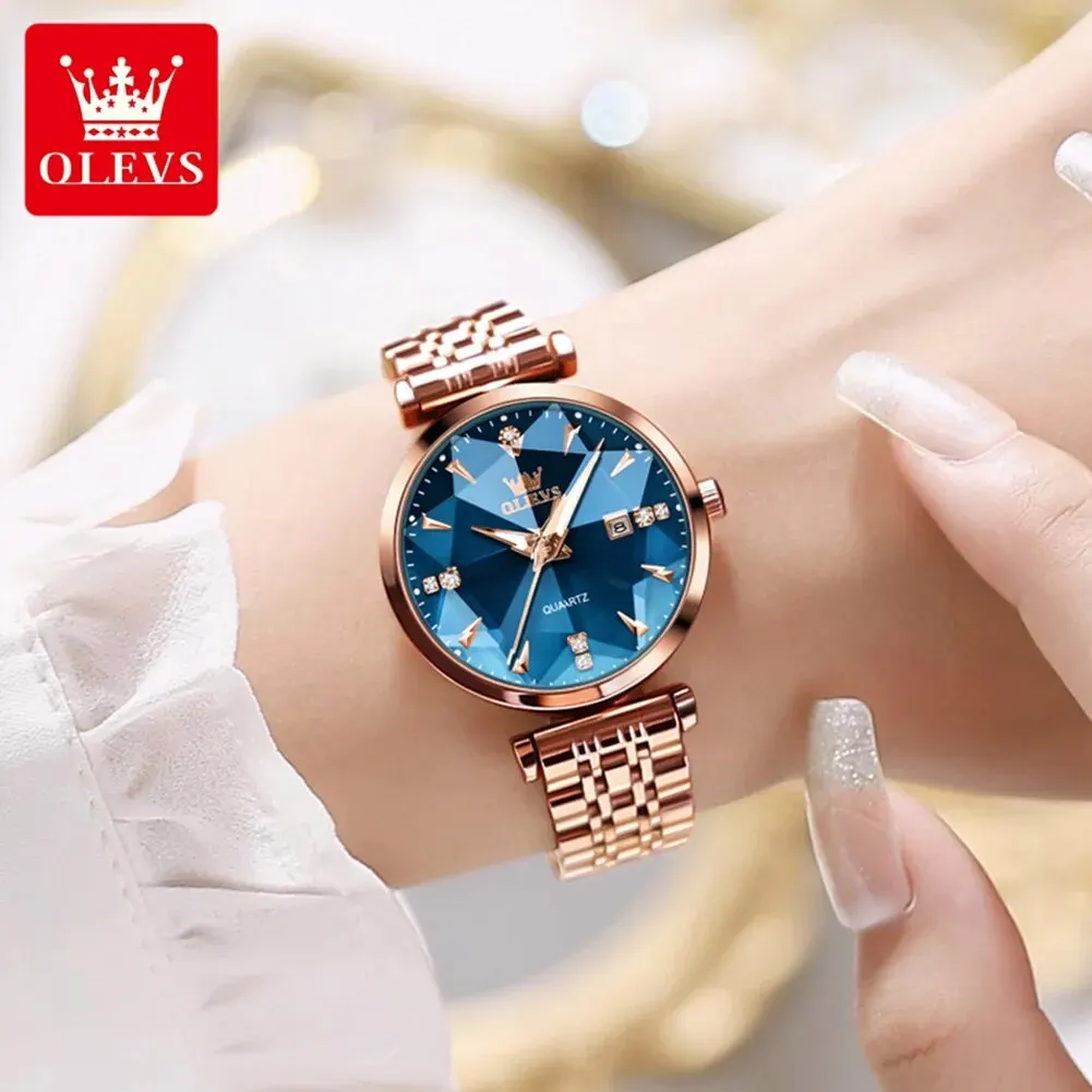 OLEVS 5536 Quartz Watch for Women Fashion Luxury Rhombus Mirror Rose Gold Stainless Steel Waterproof Luminous Ladies Wristwatch