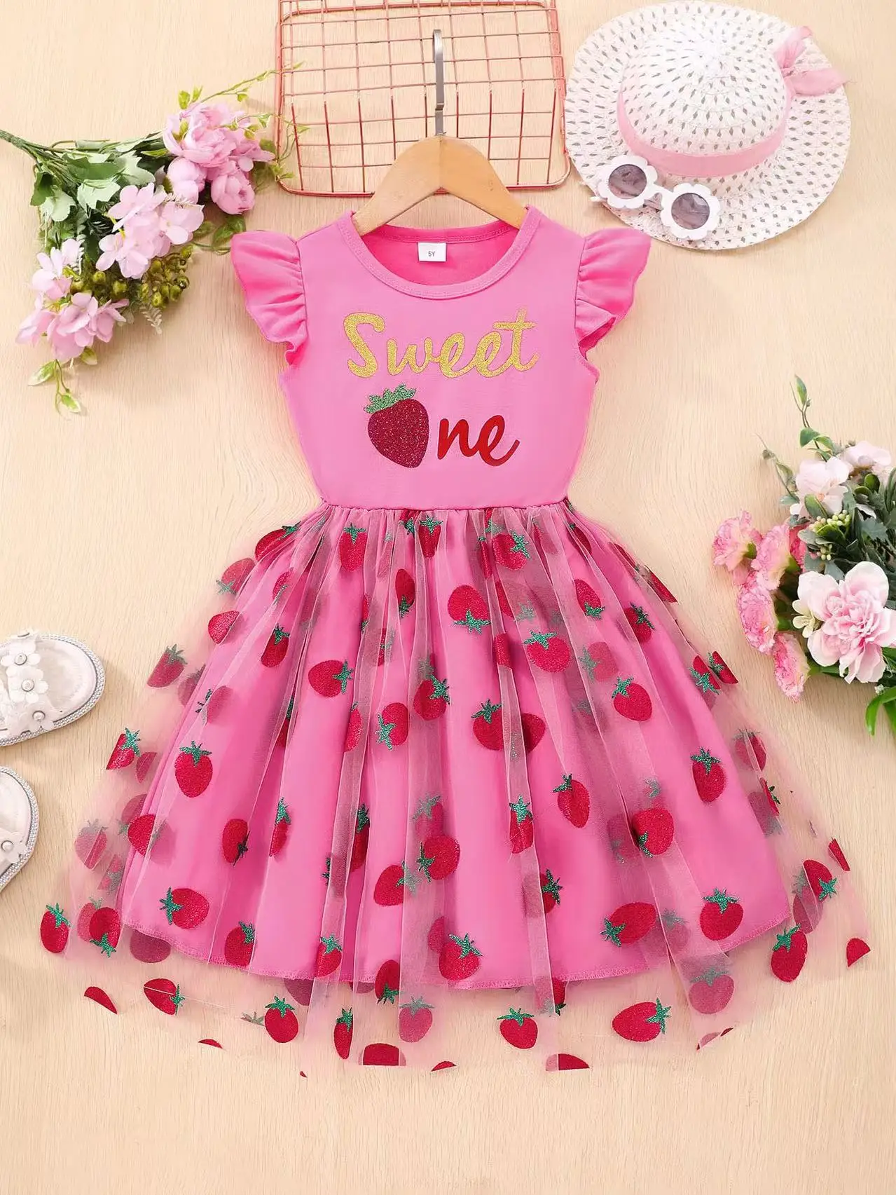 

Sweet Girls Casual Dresses With Flutter Sleeves New Arrival 1-7 Years Old Floral Mesh Dress for Summer 2025 New ﻿