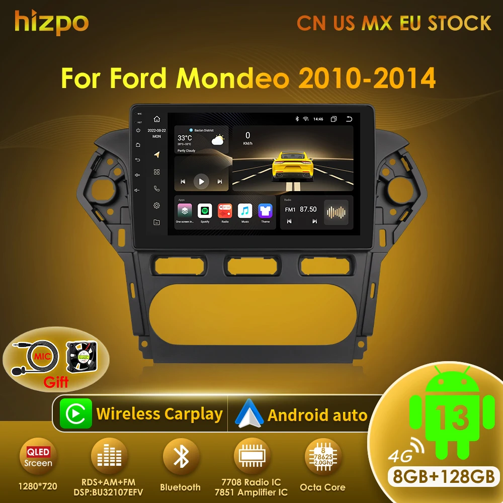 Hizpo 8GB +128GB Car Intelligent System For Ford Mondeo 2010-2014 Android Auto Radio 2 Din Multimedia Player Carplay GPS Stereo