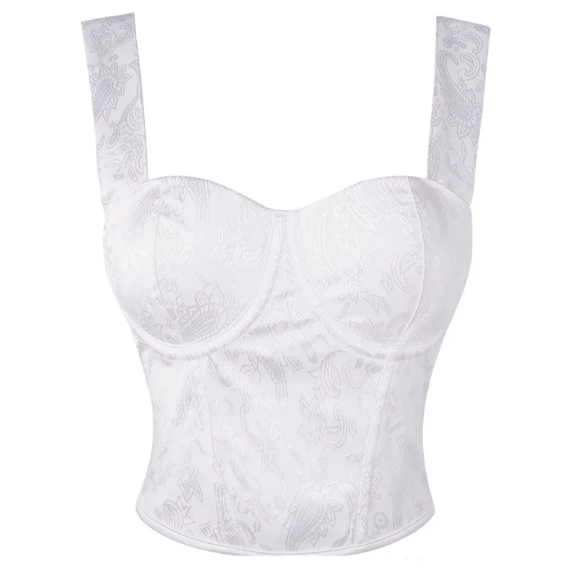 

White Jacquard Sexy Overbust Corsets Crop Tops Women Lingerie Slimming Shoulder Strap Short Bustiers Vest