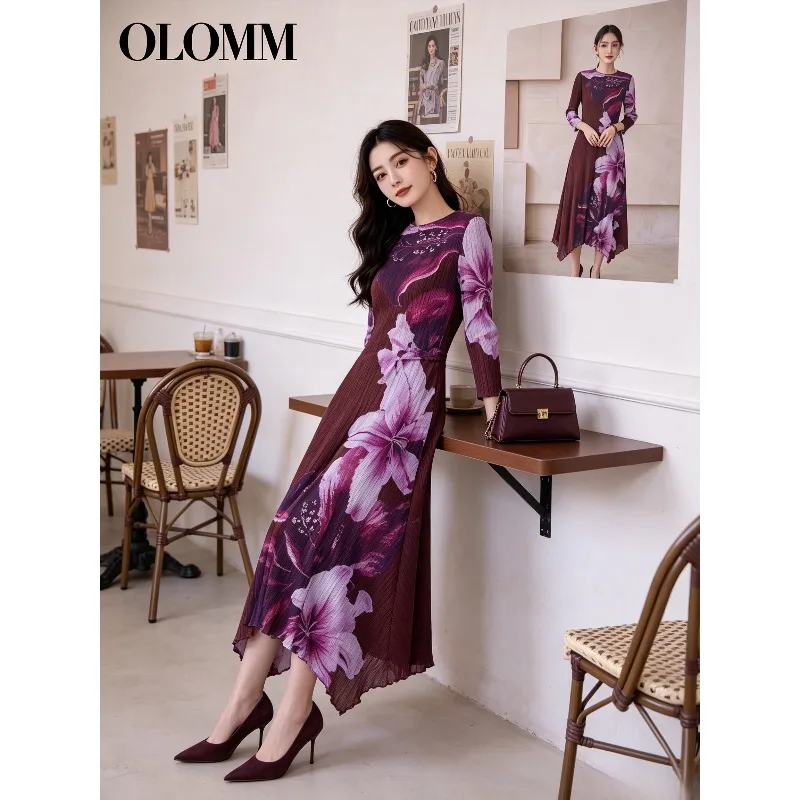 Miyake Pleated 2026 Autumn New Lotus Leaf Dewdrop Floral Print Pleated Casual National Style Mature Elegant Fashion Dress Pleat