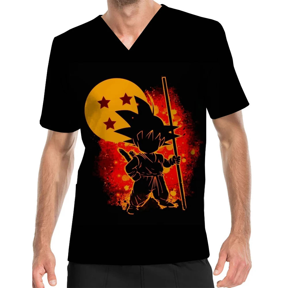 Dragon Ball Anime Print Medical Workwear for Male Nurses in Clinical Operating Rooms and Healthcare Professionals - V-Neck Top