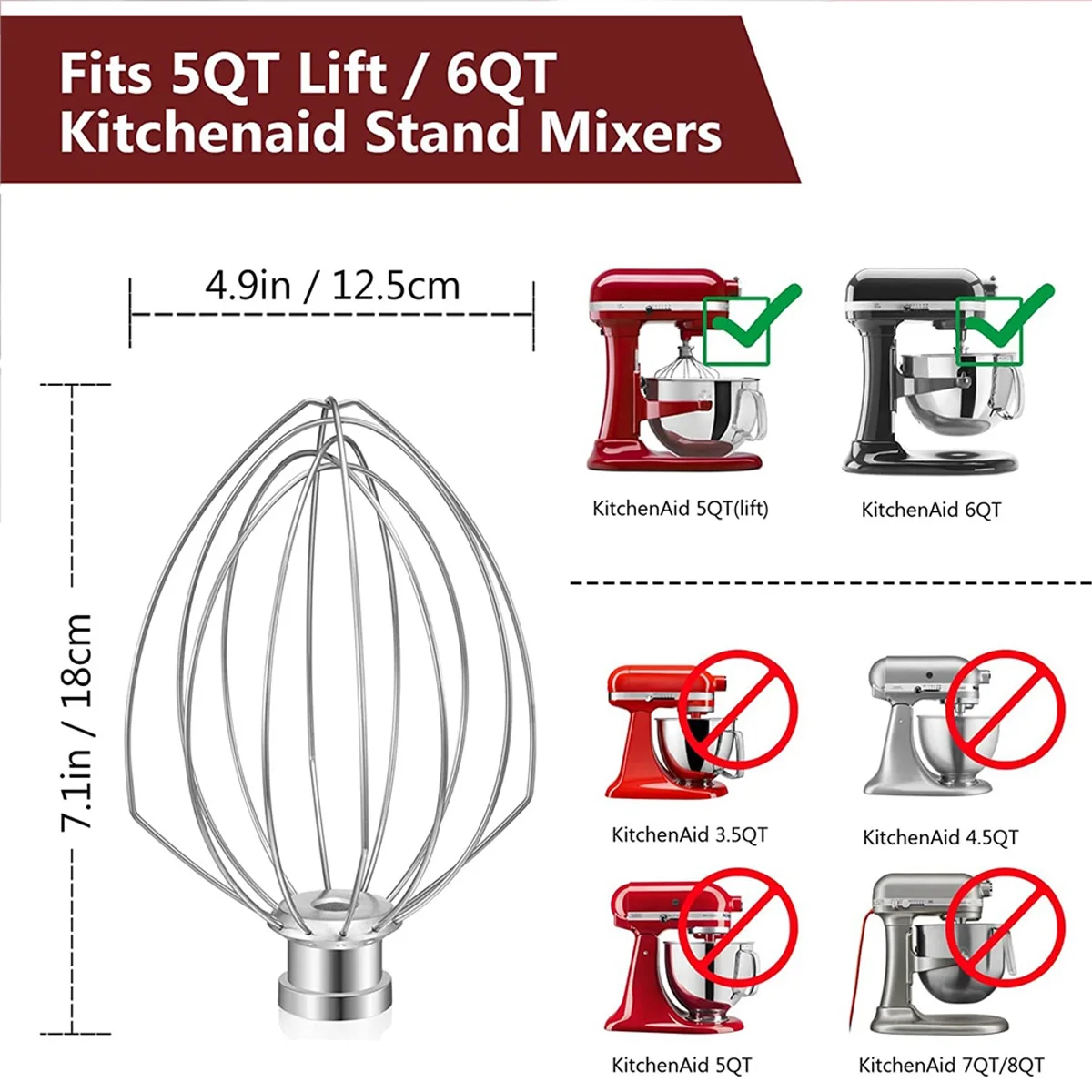 304 Stainless Steel K5AWW Mixer Replacement Wire Whip for KitchenAid 5 Quart Lift Bowl 6QT Wire Whip Attachment