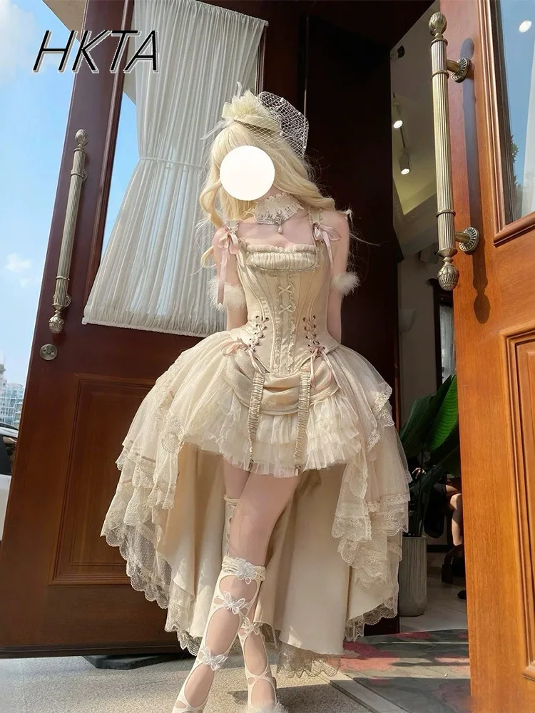 

Dark Gothic Top Heavy Industry Lolita Skirt Y2k Elegant Retro Women's Fishbone Bra Vest + Irregular Long Skirt Two-piece Sets