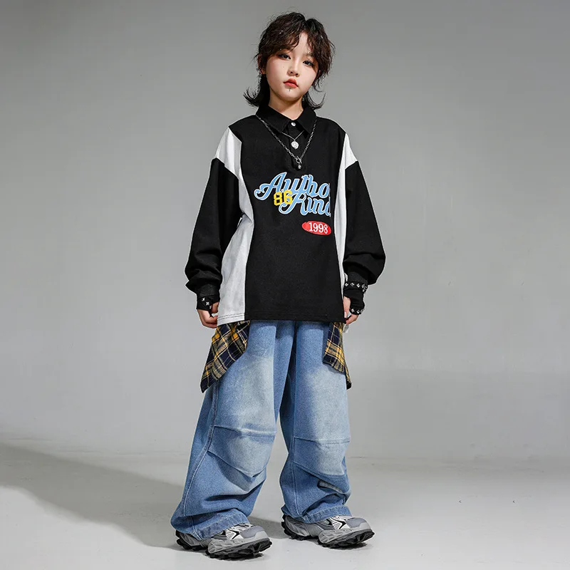 

Kid Hip Hop Clothing Black Polo Neck Sweatshirt Top Denim Blue Casual Jeans Baggy Pants for Girl Boy Jazz Dance Costume Clothes