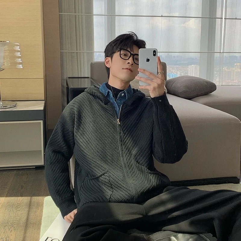 

Laid-ba Sle Трикотаж с капюшоном Мужской свободный топ на осень-зиму Повседневная одежда Полиэфирное волокно Длинная молния све