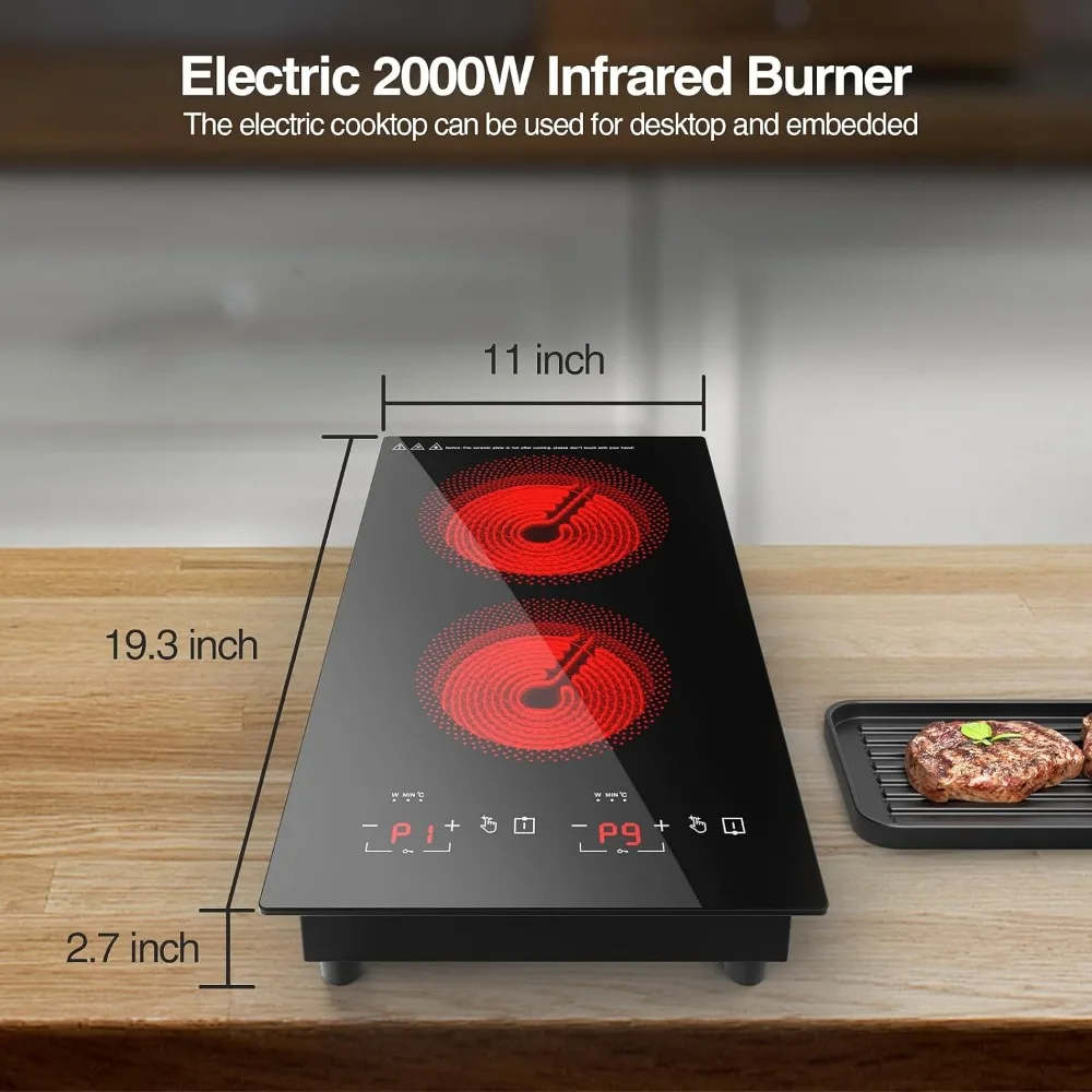 POTFYA-Cooktop Elétrico de Bancada com Bloqueio de Segurança Infantil, 2 Queimadores, Temporizador de Temperatura Over, 120V