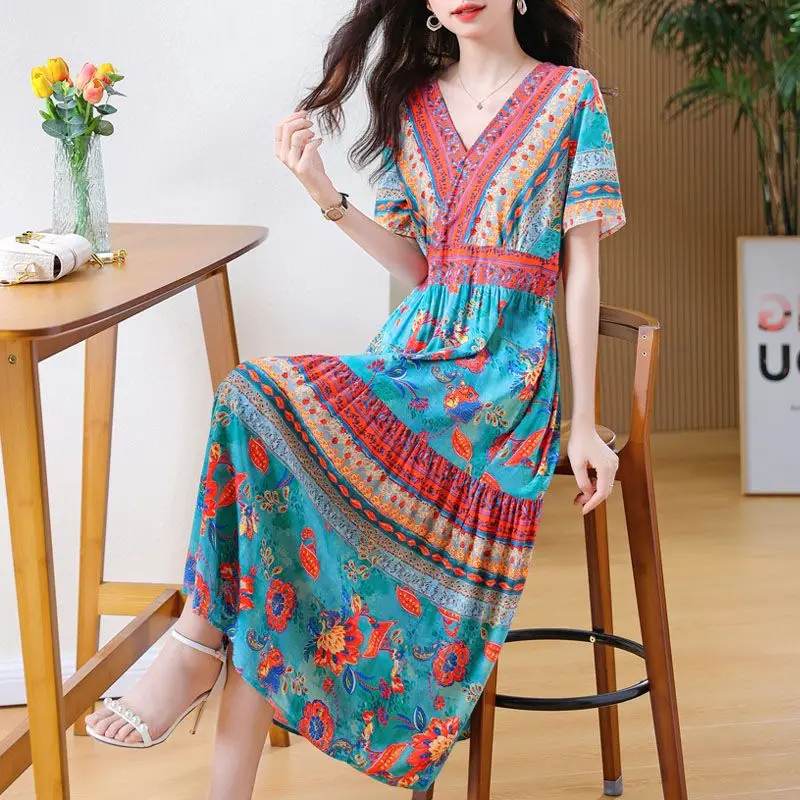 New Summer Mother Pure Cotton Silk Nightgown for Women Summer Fashion Wear Floral Pajamas Temperament Artificial Cotton Skirt