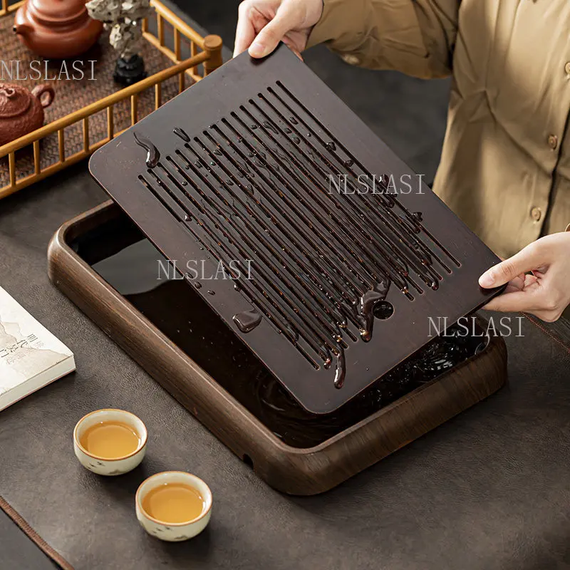 Rectangular Water Storage Bamboo Tea Tray Slatted Drain Surface Rounded Corner Tea Serving Board for Gongfu Tea Ceremony