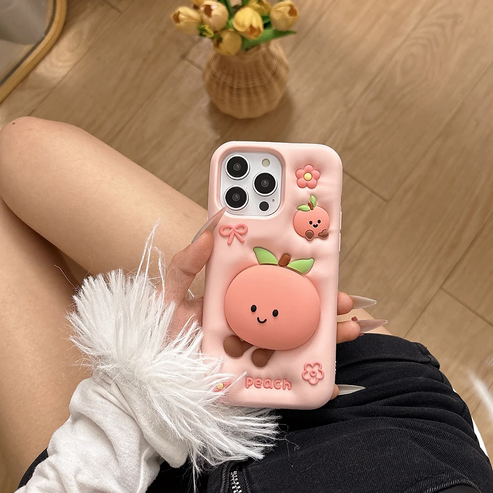 Kawaii 3D Sommer Obst Pfirsich Halterung Weiche Silikonhülle für iPhone 17 16 15 14 13 12 Pro Max mit Ständerhalter stoßfeste Abdeckung – Detail 4