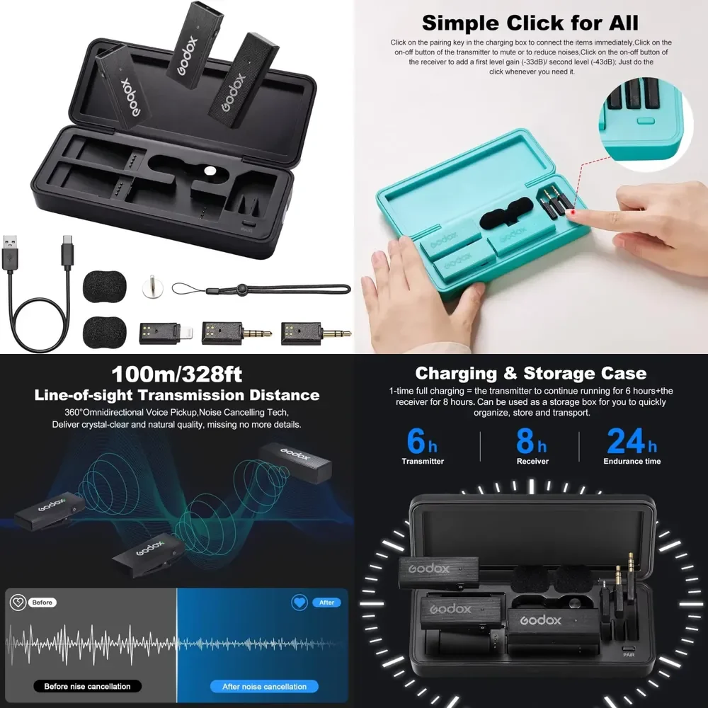 WAP01 Movelink Mini LT Kit Wireless Microphone System, 2.4GHz Lavalier Mic 100m(328ft.) Range with Charging Case for