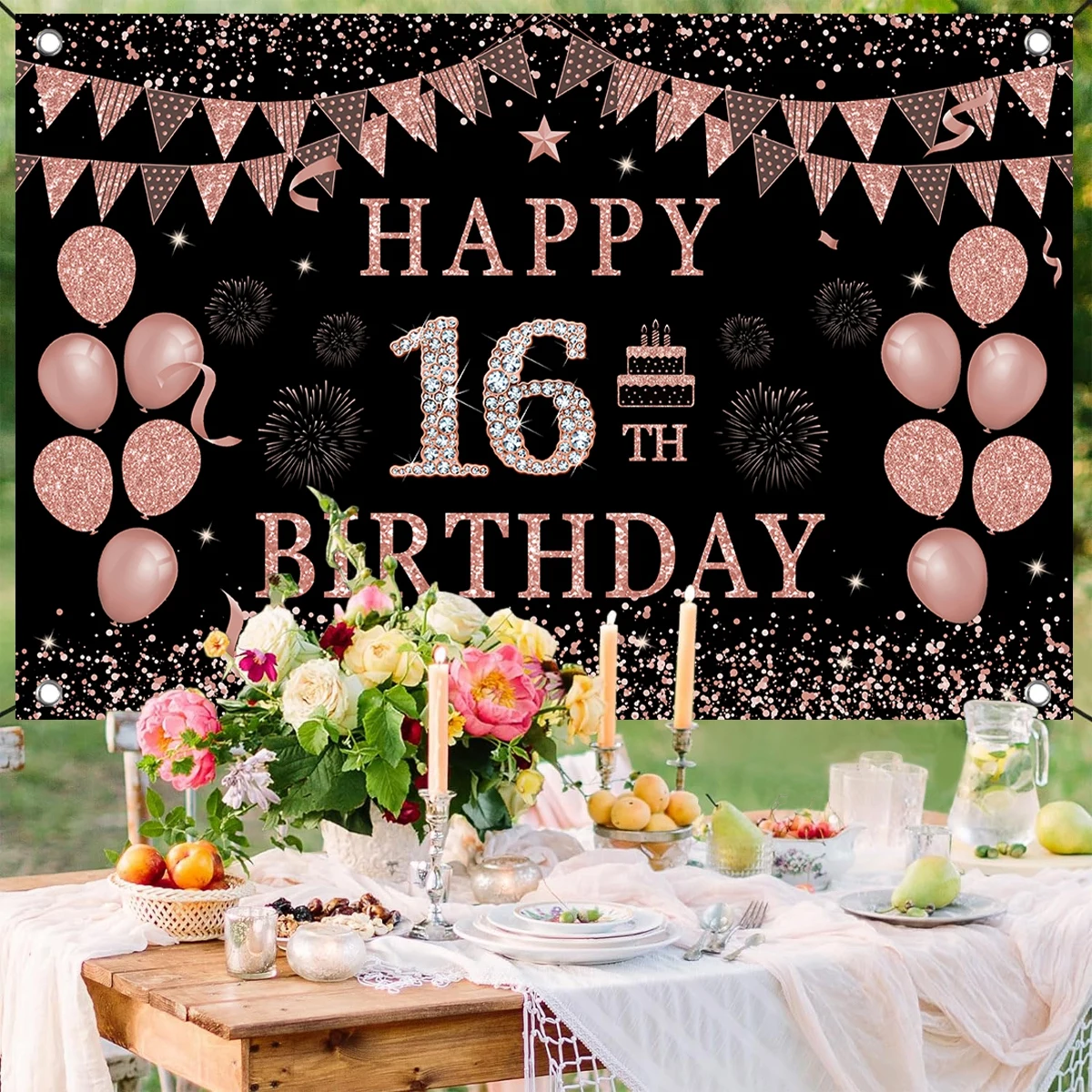 Happy 16 21 30 40 50 60th Birthday Party Backdrop Decoration Pink Black Balloon Flag Photography Background Years Anniversary