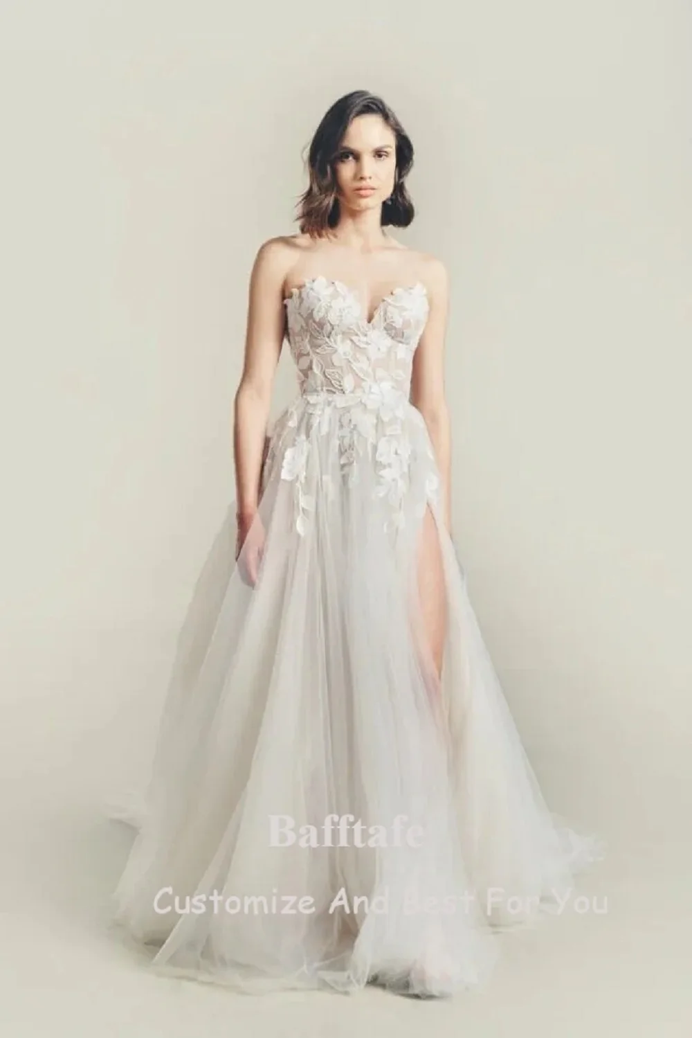 Bafftafe Customized Tulle Appliques Lace Wedding Bride Dresses Sweetheart Open Long Sleeves Boho Bridal Gowns Formal Party Dress