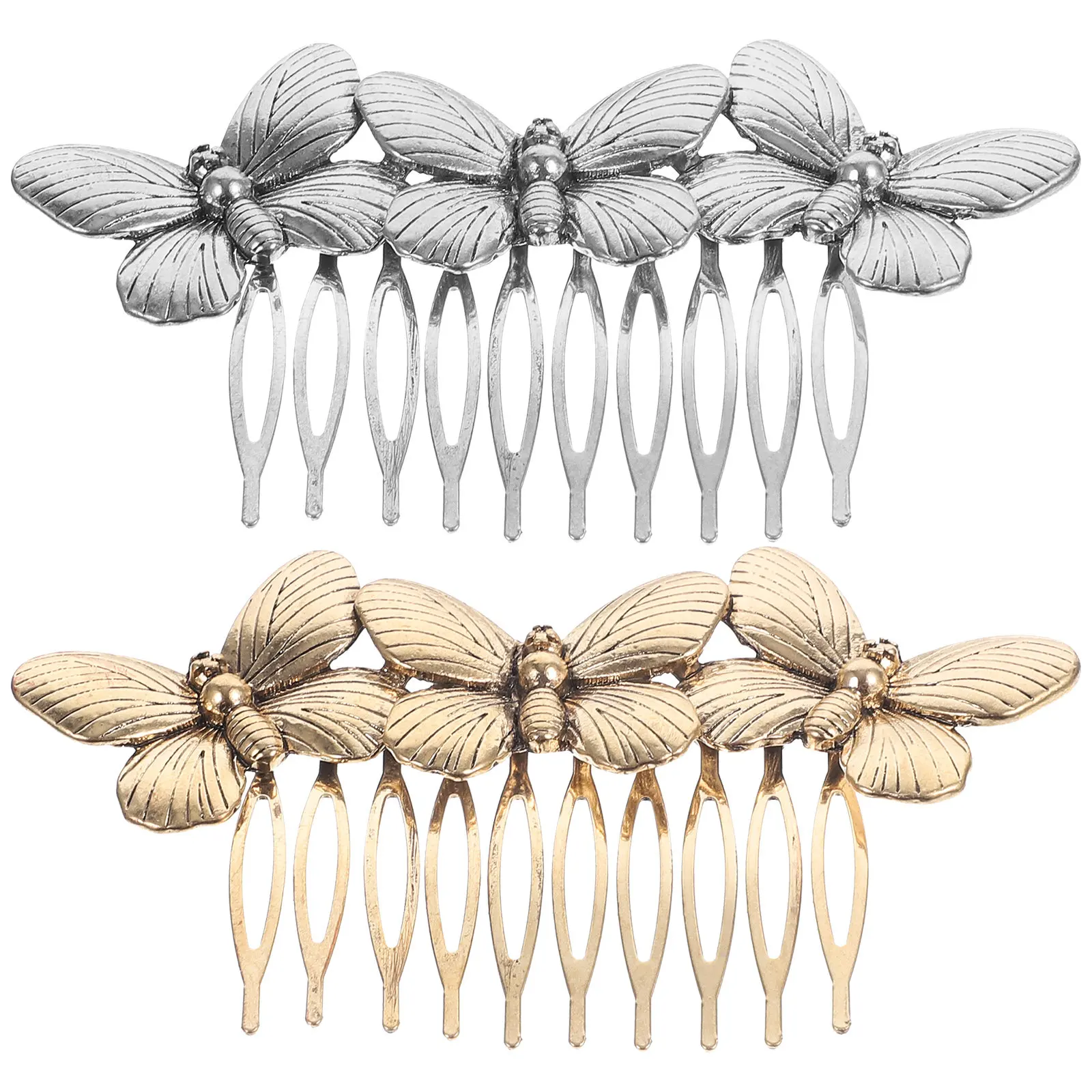2Pcs Golden Silver Vintage Butterfly Hair Comb Women Retro Alloy Three-Shaped Insert Comb Fashion DIY Styling Gift