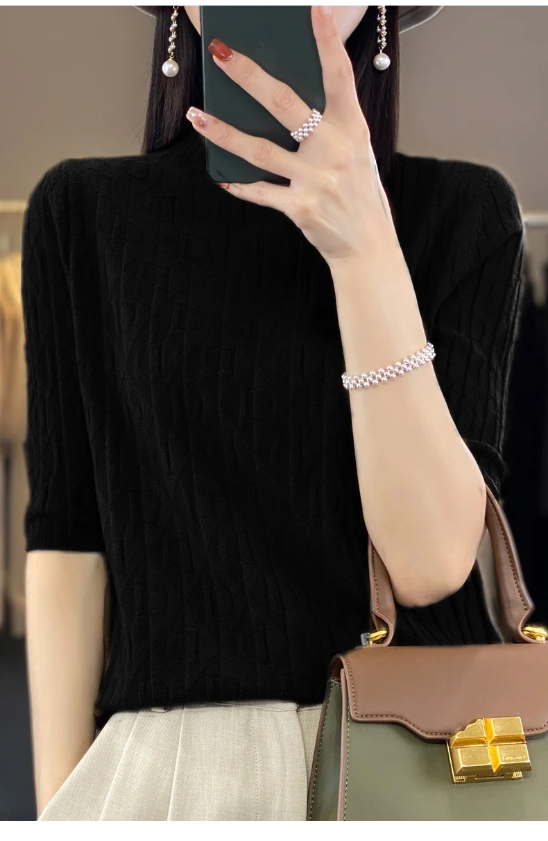 Women New Soft Diamond Letter Design Sweater Half-high Collar Three Quarter Sleeve Pullover Spring Summer Casual Knit Slim Top