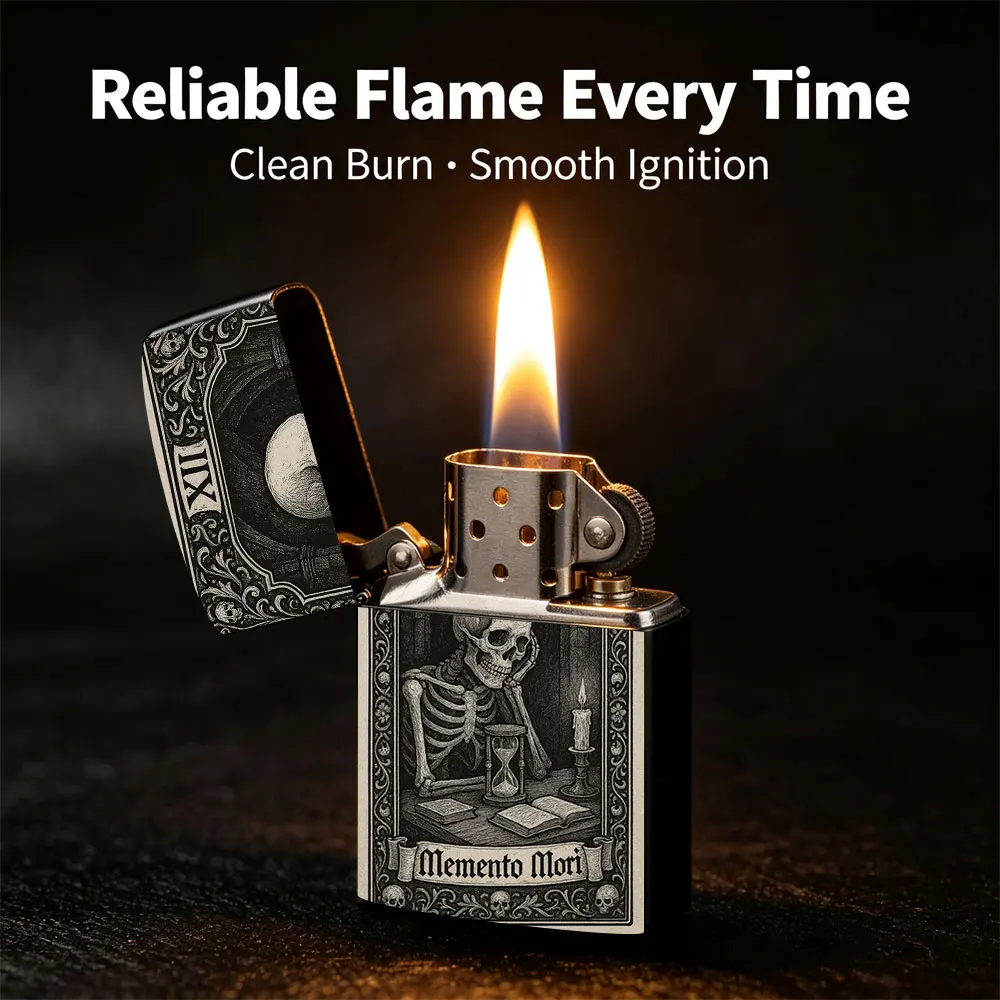 Pocket Lighter, Skeleton at Desk with Hourglass Print, Flip-Top Windproof Design, Metal Case, Comfortable Grip, Portable Ignition Tool