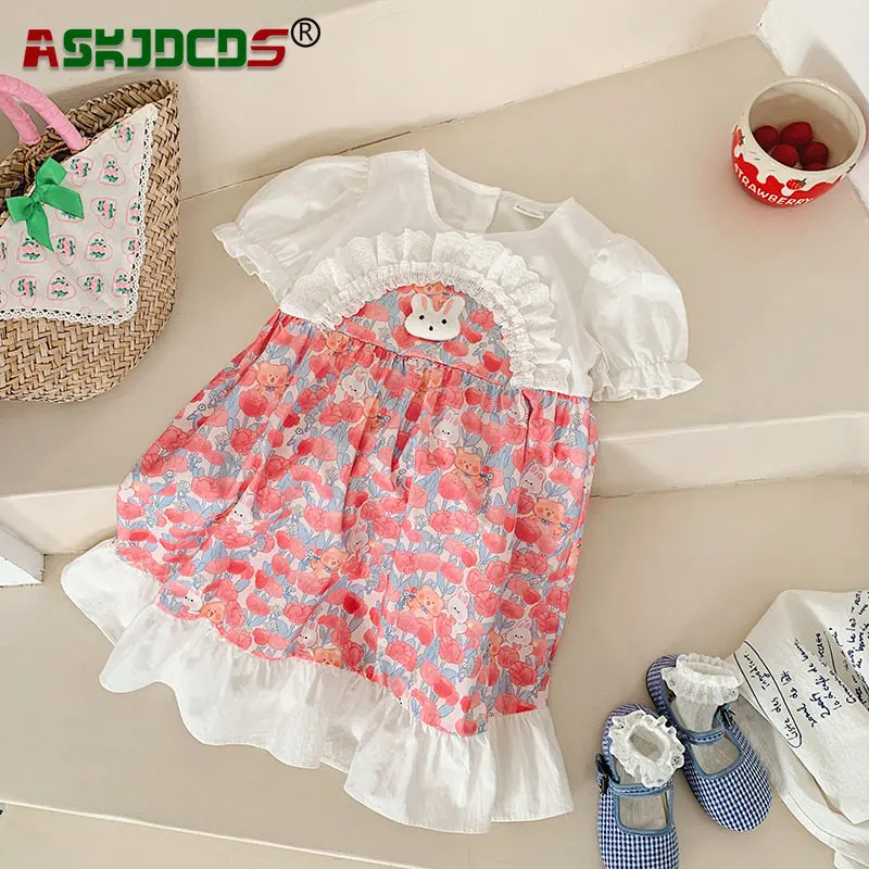 2023 New In Clothing Dresses Summer Kids Baby Princess Short Sleeve 3D Bunny Lace Print Knee-length Dress Childre Girls