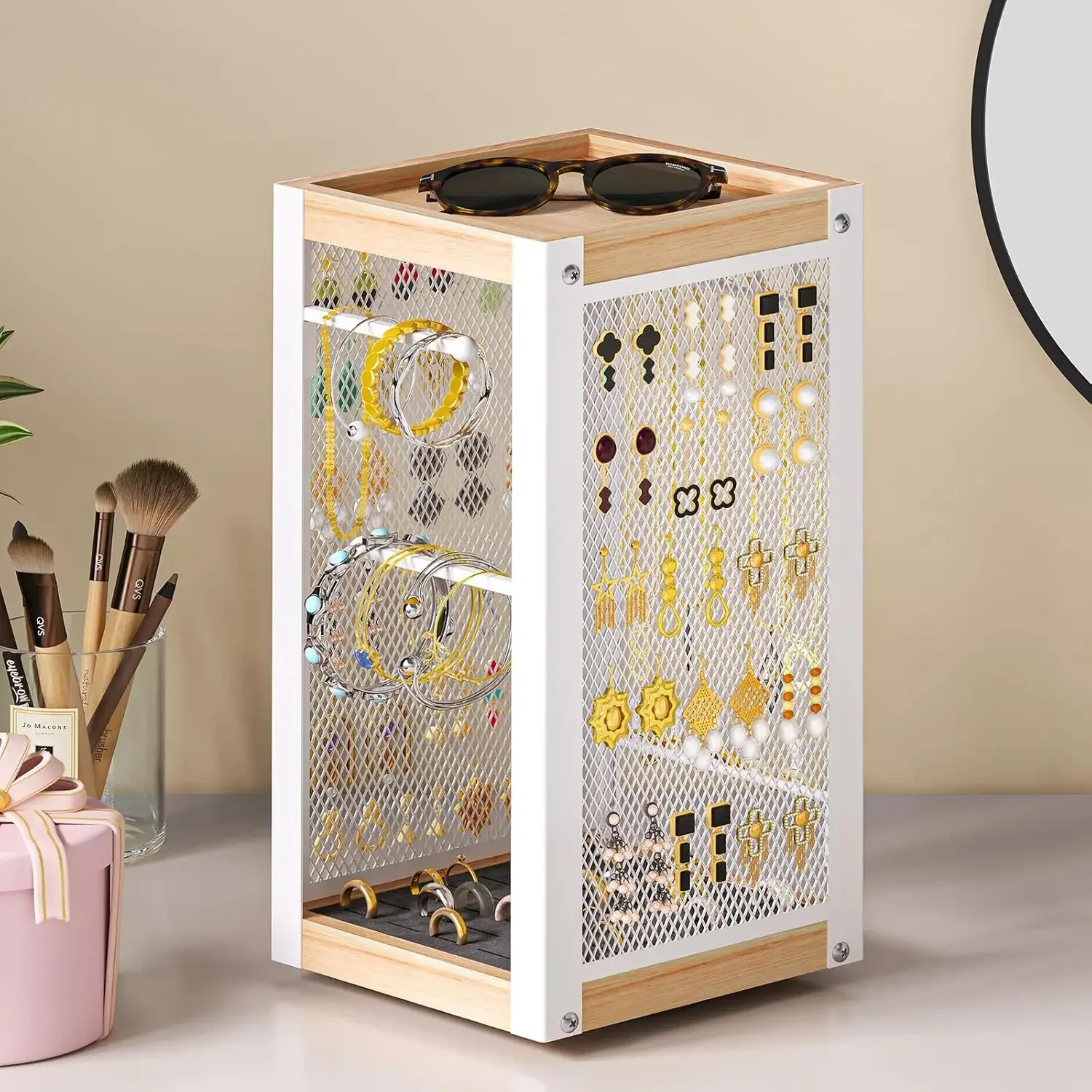 Wrought iron wood jewelry rack, countertop, rotatable earrings, necklace, ring storage rack, jewelry display rack