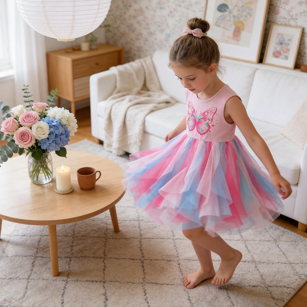 DXTON Summer Girls Dress Children Vest Top with Skirts Butterfly Baby Girls Princess Dress Irregular Mesh Kids Party Costumes