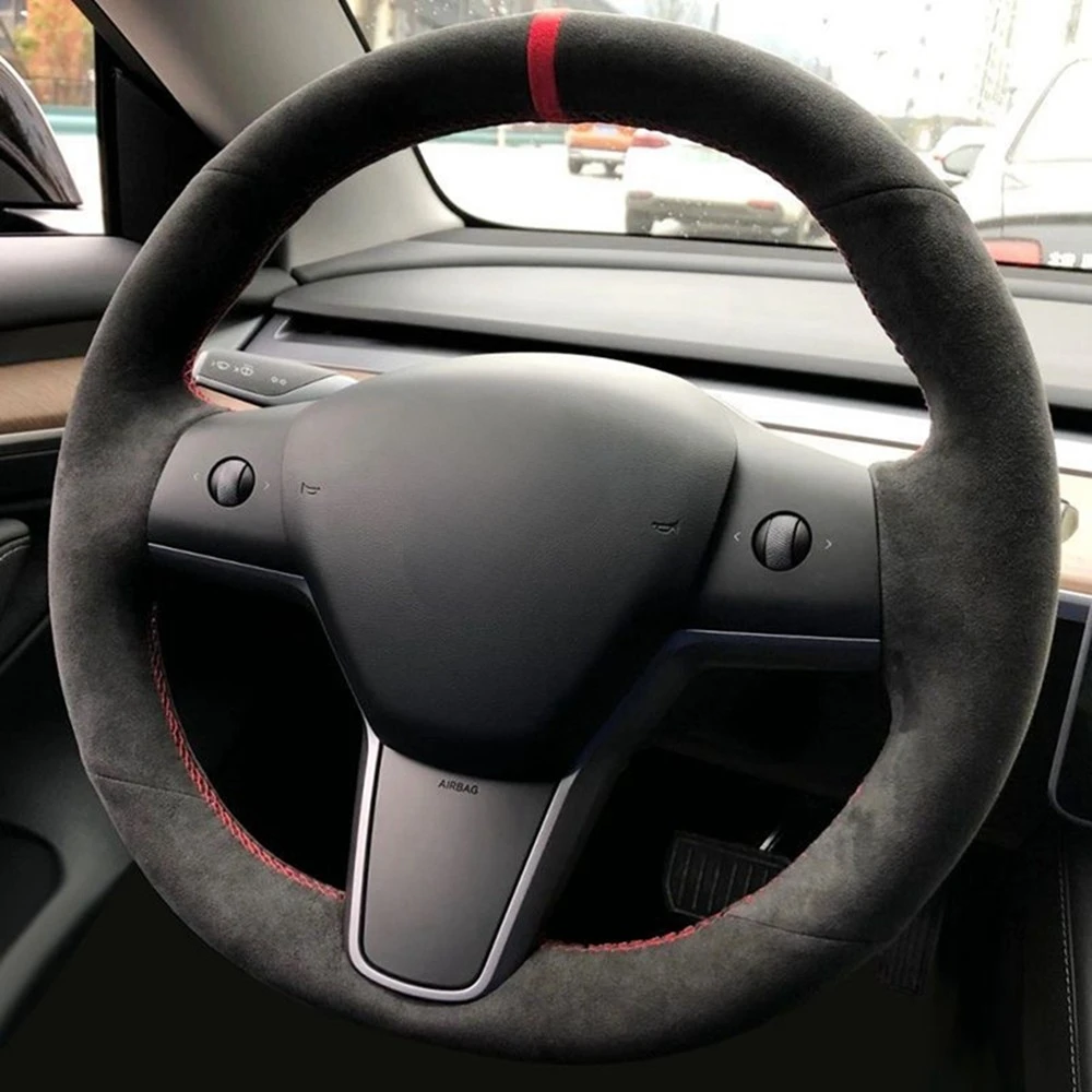 Car Steering Wheel Cover Wrap Anti-Slip Suede Genuine Leather Steering Wheel Braid For Tesla Model 3 Y 2017-2023 Car Accessories