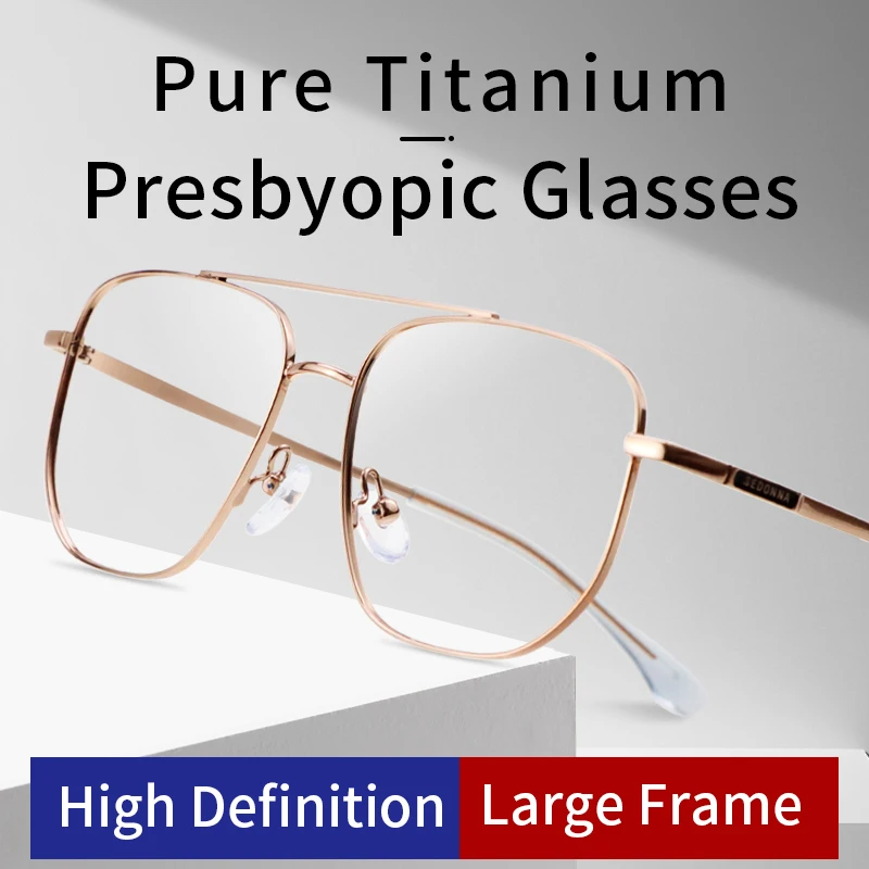 Pure Titanium Reading Glasses for Men Square Double Bridge Blue Light Blocking Computer Readers,Magnifying Presbyopic Eyeglasses