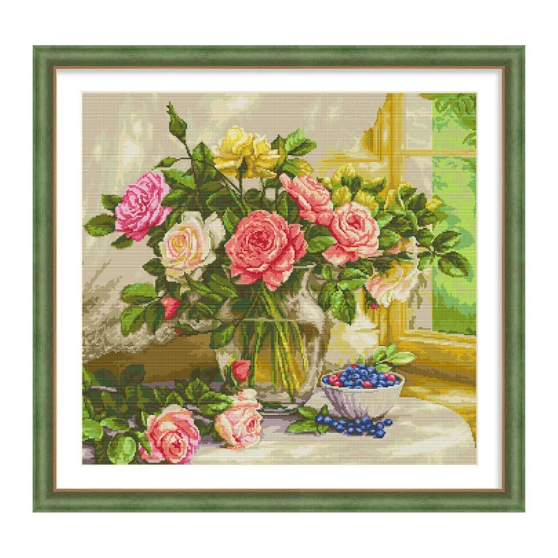 

Handicraft Gifts Cross Stitch Kit, The Blooming Peonies in European Oil Paintings, DIY Needle Material Embroidery Kit for Mom