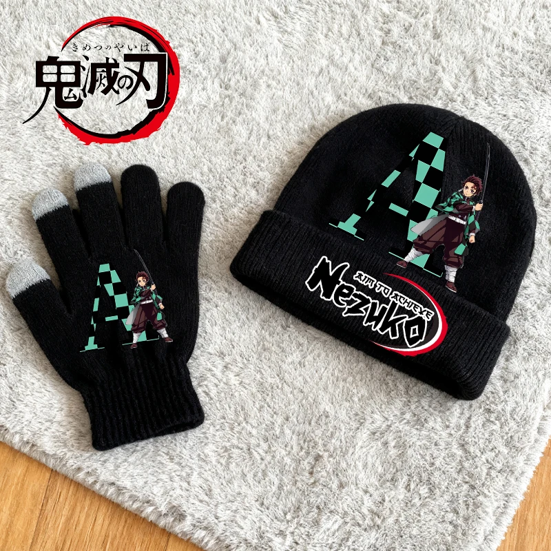 

Demon Slayer 2pcs Knitted Hat Gloves Set Boys Girls Knit Cap Anime Letters Print Glove Children Keep Warm Accessories Xmas Gift