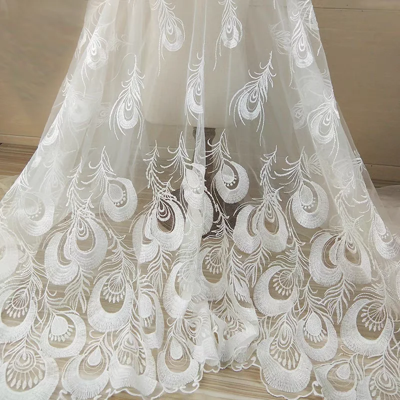 Single Side White Peacock Net Embroidered Cloth Wedding Dress Princess Skirt Skirt Fashion Dress Dress Head Cheongsam Fabric DIY