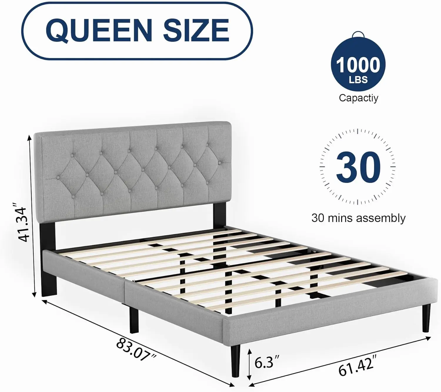 Queen Size Platform Bed Frame with Upholstered Headboard, Button Tufted Design, No Box Spring Needed, Light Grey