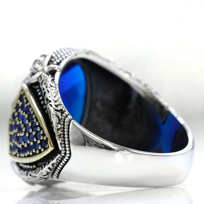 Punk Hip Hop s925 Sterling Silver Türkiye Men\'s Handmade Ring Fashion Blue Glass Stone Luxury Valentine\'s Day Party Jewelry Gift
