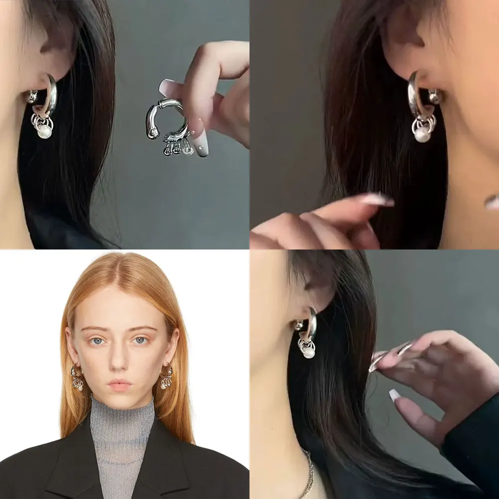 Punk Gothic Metal Pearl Tassel Earrings for Women Men 2026 Fashion Before After Detachable Wearing Dangle Earring Jewelry Gift