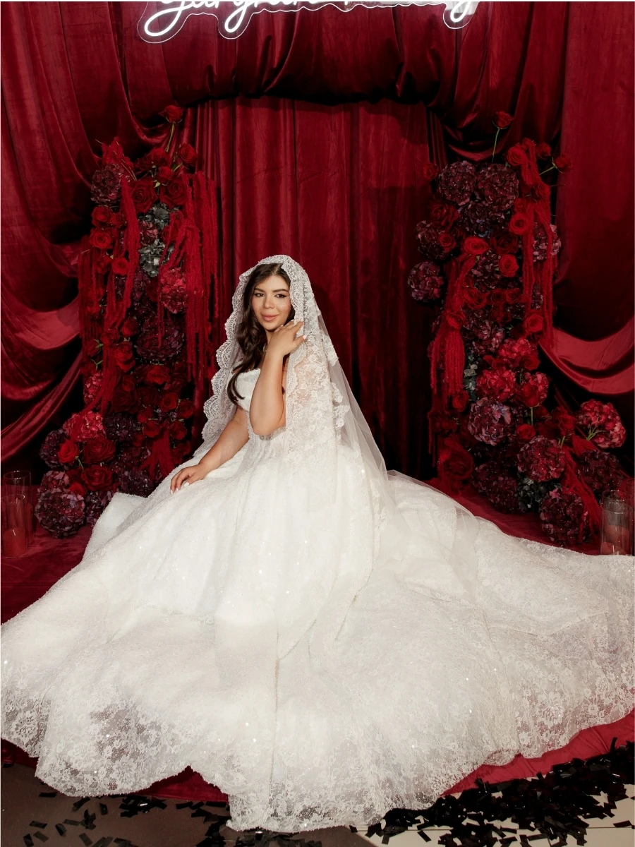 

Ball Gown Wedding Dress Sweetheart Corset Bodice Over Sparkle Lace Cathedral Train Bridal Gown Modest Full Figure Bride Gown