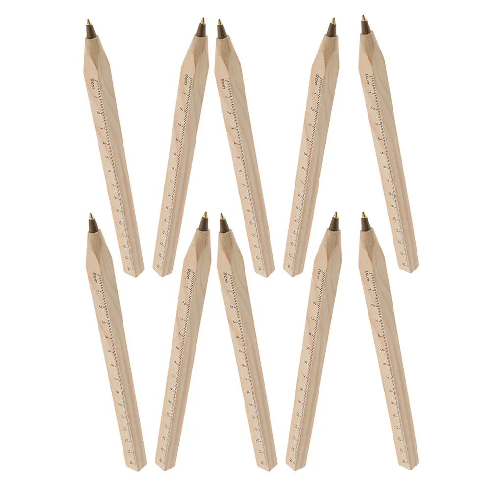 10Pcs Handmade Wooden Ballpoint Pen with Integrated Ruler Smooth Black Ink Compact Lightweight for Students Professionals School