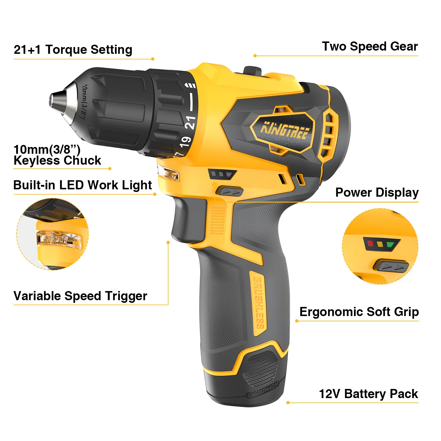 Kingtree 12V Cordless Brushless Impact Drill Electric Screwdriver Home DIY Power Tools 36 N.m dual speed drill