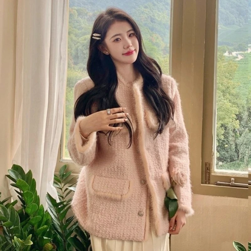 

Women's Elegant Pink Lamb Wool Coat, Plus Velvet, Thick, Casual, All-Match, Oversize Fashion, Short Outwear, Autumn Winter, 2024