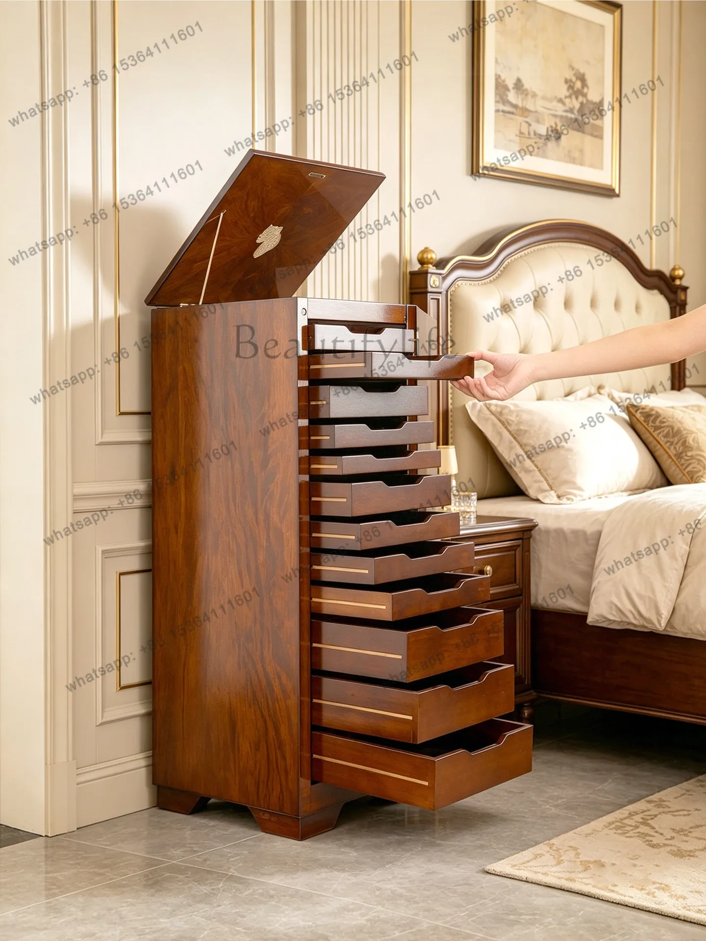 FG new solid wood nut jewelry cabinet with lock multi-layer drawer storage medium antique storage cabinet