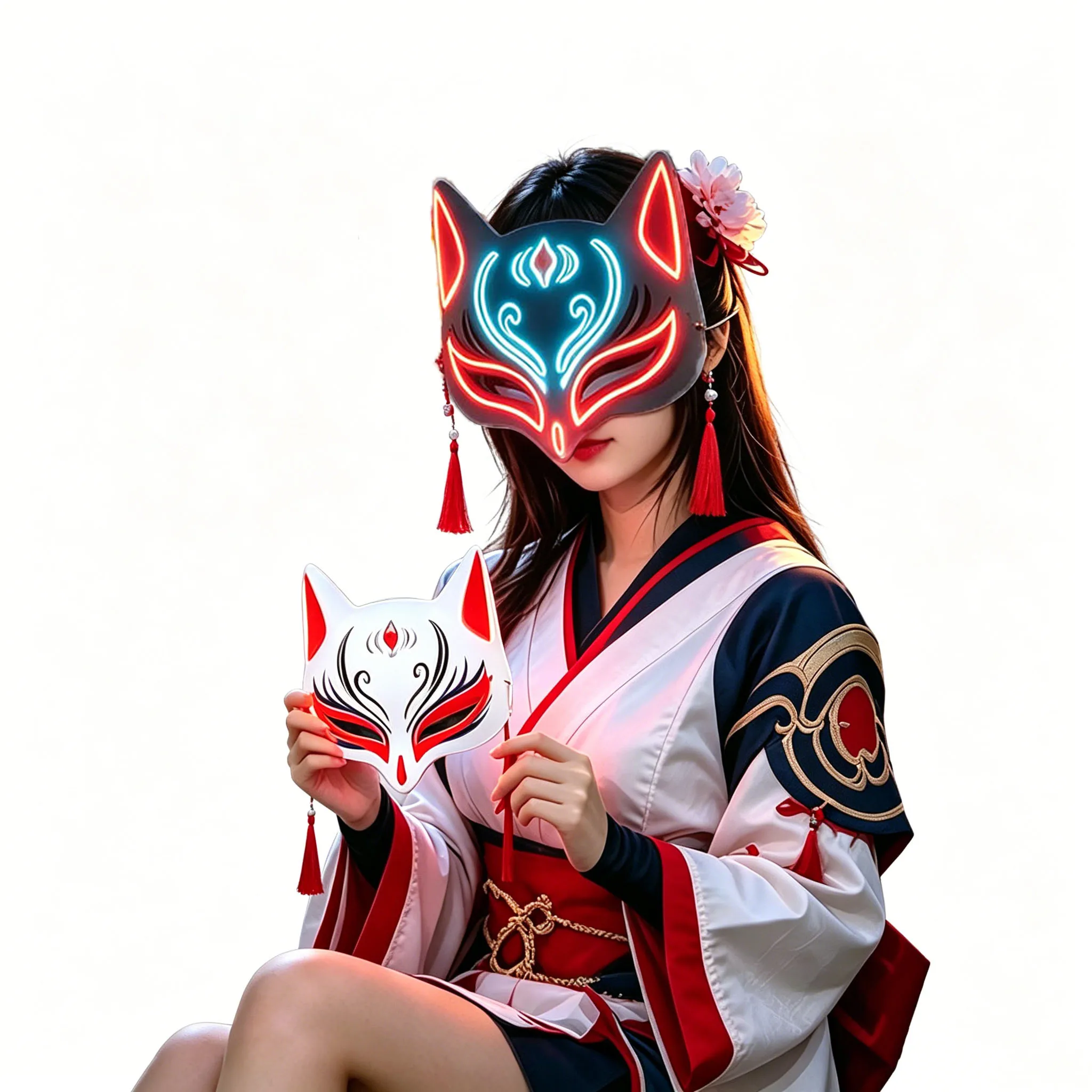 Hand-Painted LED Kitsune Fox Mask Anime Half Face Neon Glowing Mask with Tassel Bell Halloween Carnival Cosplay Masquerade Party