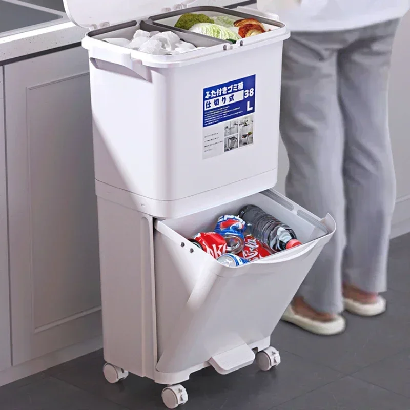 Kitchen Square Wastebasket Double-Layer Sorting Trash Can Press Type Plastic Large Trash Bin with Lid Househol Baskets