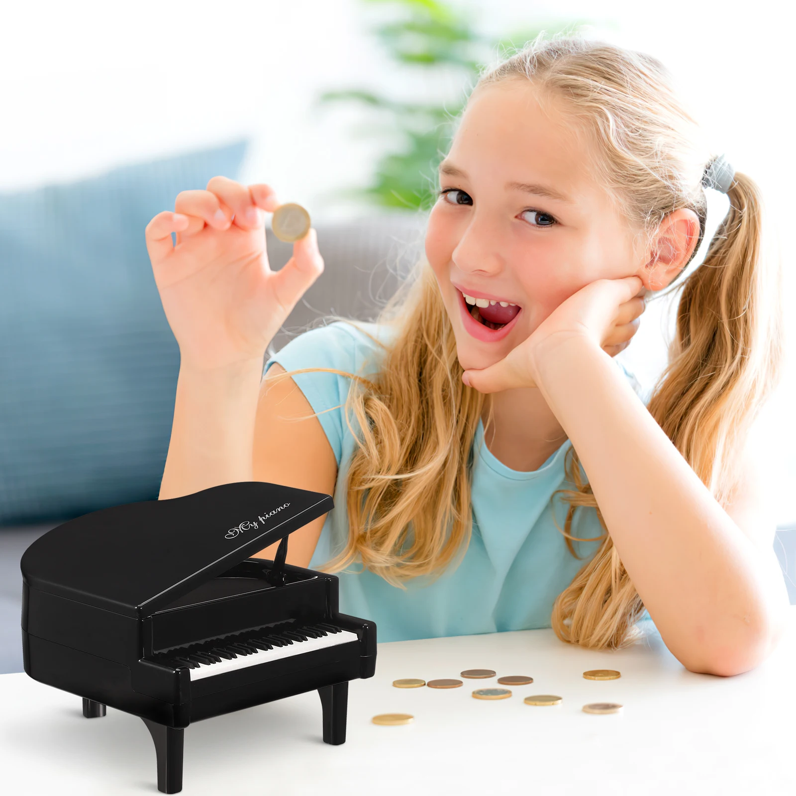 Czarne mini pianino ozdobne do dekoracji domu, na biurko, do projektowania wnętrz, instrument muzyczny, plastikowe pianino dekoracyjne.