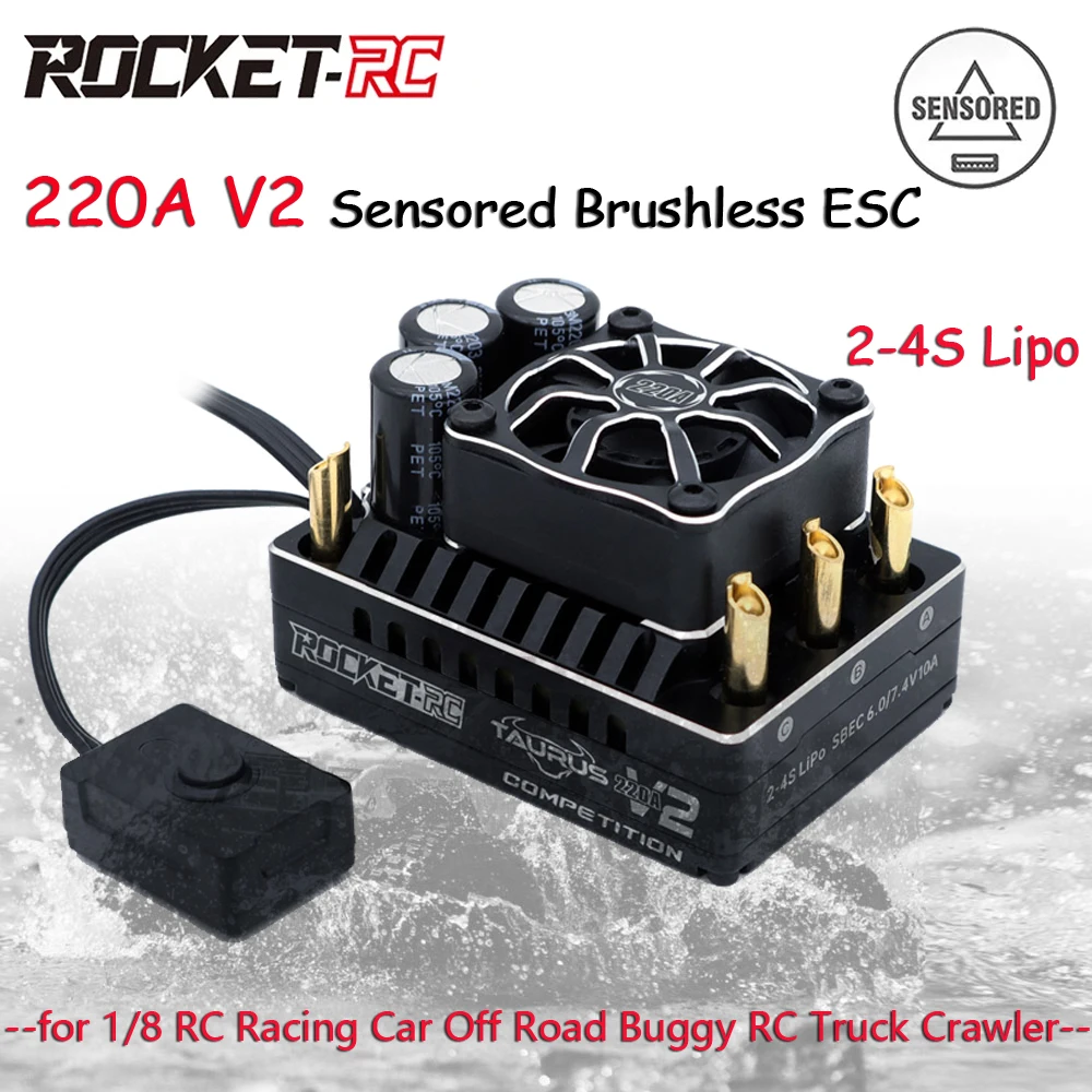 

ROCKET-RC 220A V2 Sensored Brushless ESC 2-4S Контроллер скорости 7,4 В/6 А для 1/8 RC Racing Car Off Road Buggy RC Truck Crawler