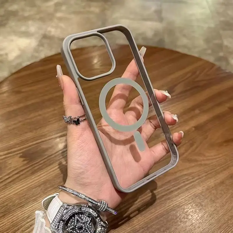 Capa Magnética de Luxo para Carregamento Sem Fio MagSafe para iPhone 17 16 15 14 Plus 13 12 11 Pro Max 17E 16E Transparente à Prova de Choque