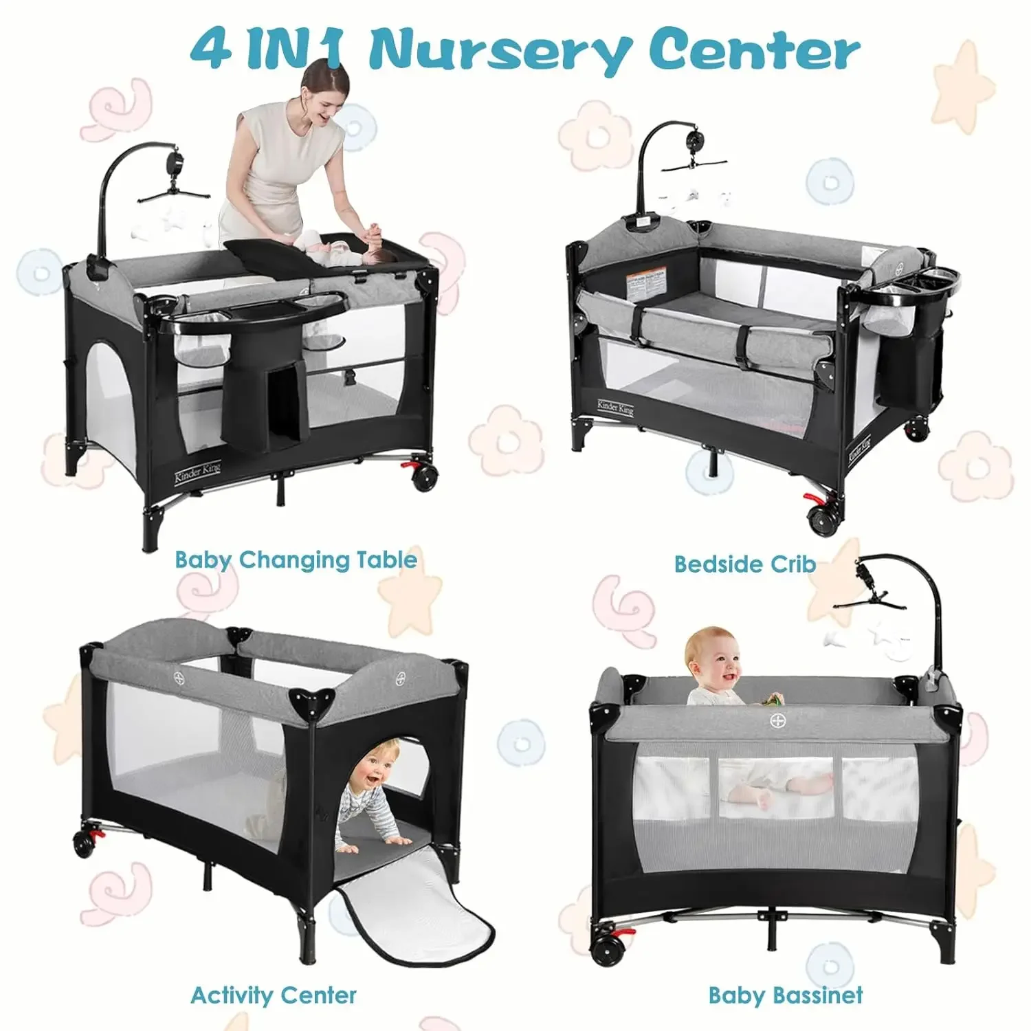 

Hot sale.4 in 1 Portable Nursery Center, Foldable Baby Bedside Crib w/Bassinet, Infant Pack n Play Playard Toddler Large Playpen