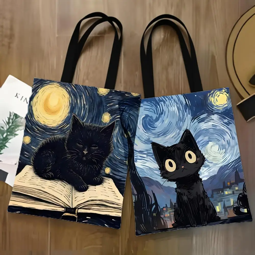 Funny Art Black Cat Storage Bags Lightweight Canvas Tote Bag Large Capacity Shoulder Shopper Fashion Eco Multi-Purpose Handbag