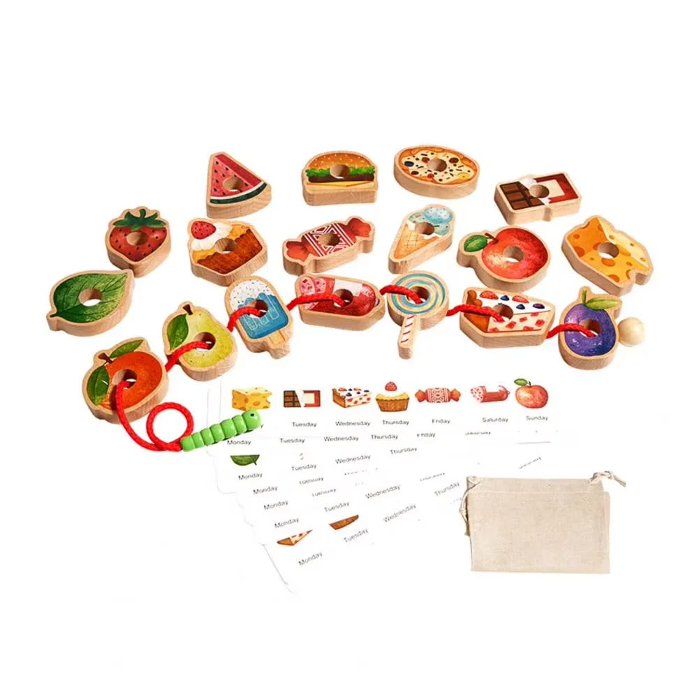 Jogo montessori de contas de laço de frutas e alimentos para crianças pequenas, cor e formato, correspondência cognitiva, treinamento de habilidades motoras finas